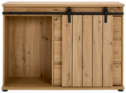 Frontansicht einer Kommode aus Holz mit Schiebetür und schwarzer Metallschiene.