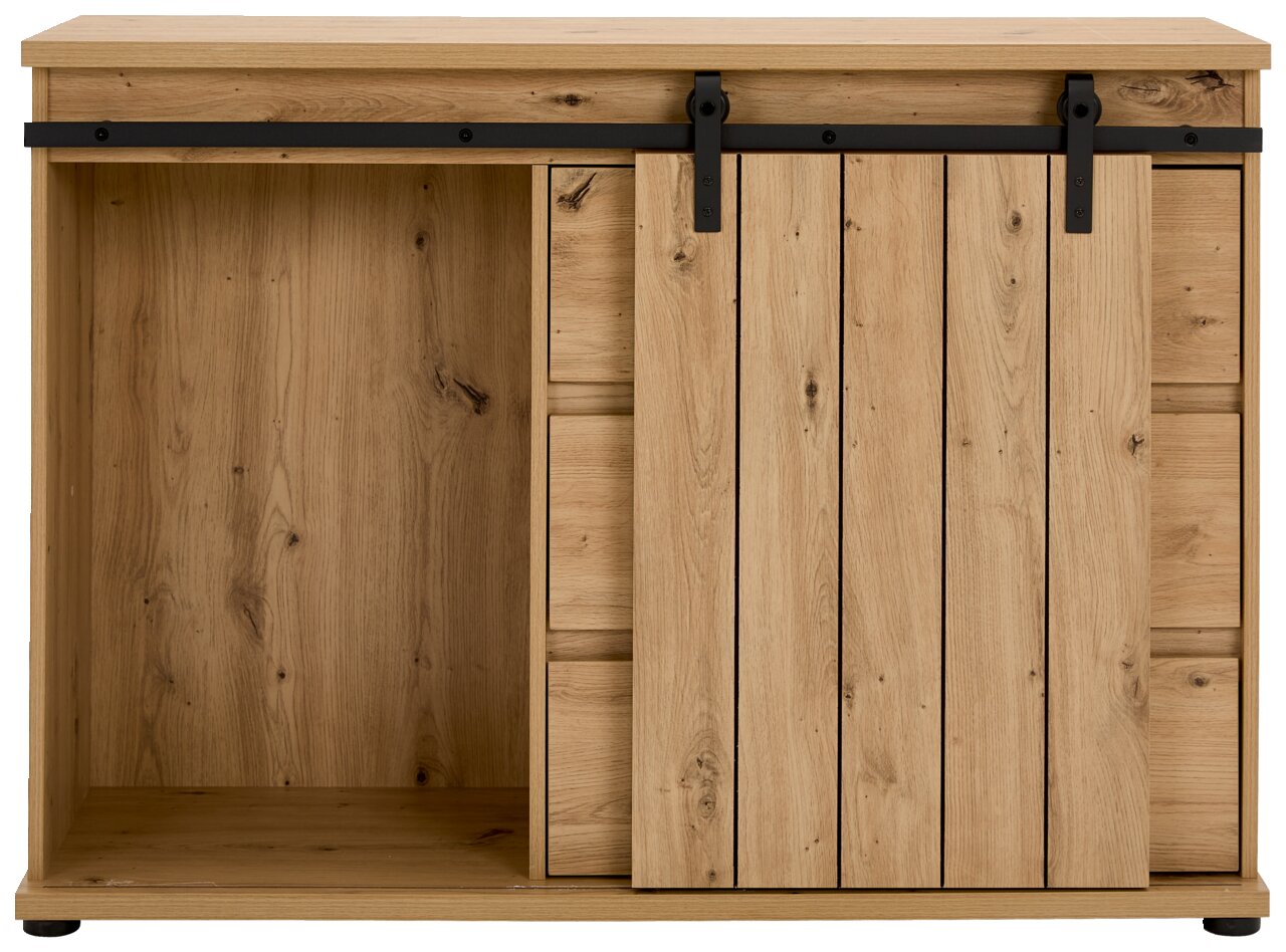 Frontansicht einer Kommode aus Holz mit Schiebetür und schwarzer Metallschiene.