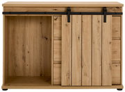 Frontansicht einer Kommode aus Holz mit Schiebetür und schwarzer Metallschiene.