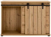 Frontansicht einer Kommode aus Holz mit Schiebetür und schwarzer Metallschiene.