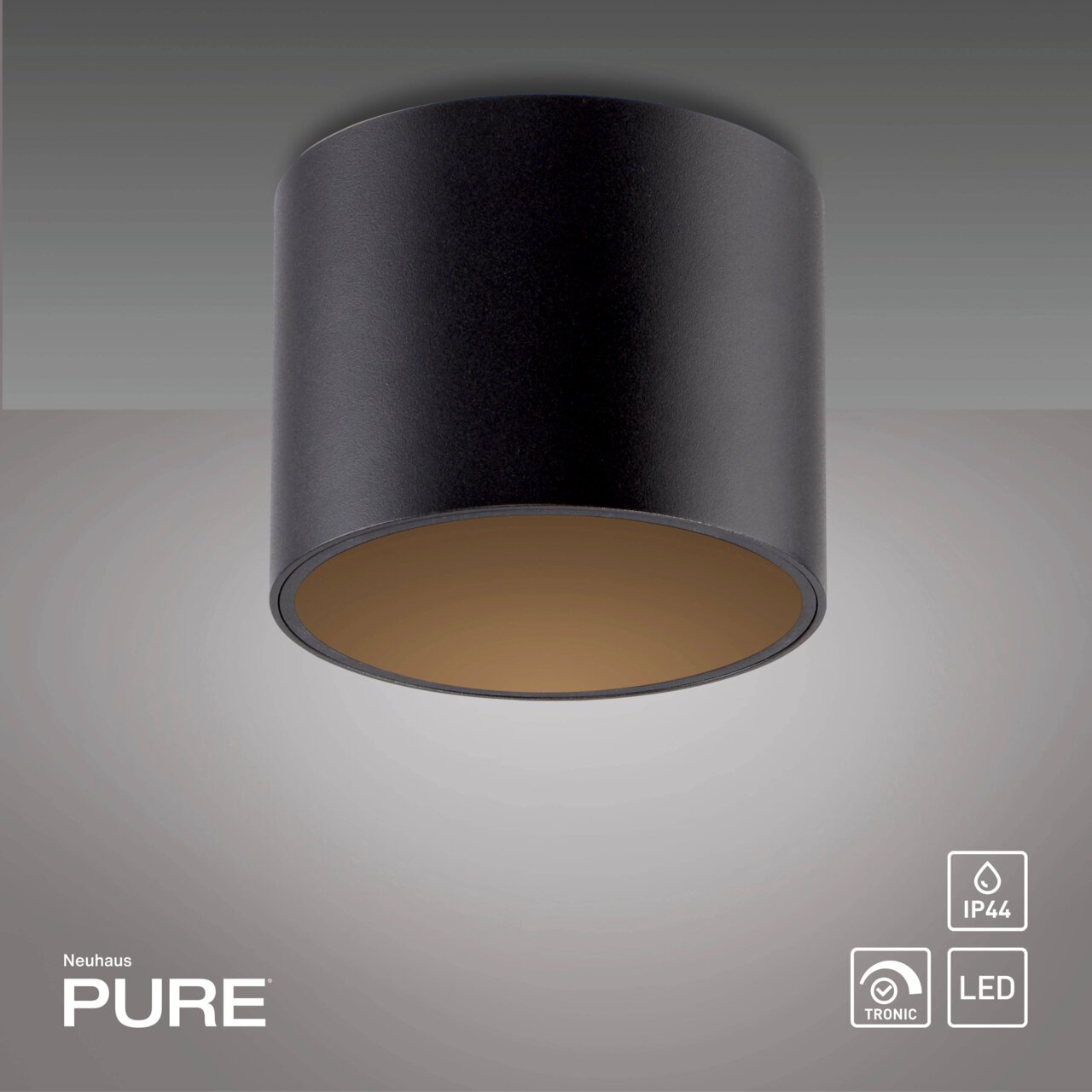 Schwarze zylindrische LED-Deckenleuchte PURE POINT von Neuhaus, von unten betrachtet, mit IP44-Schutz und LED-Technologie.