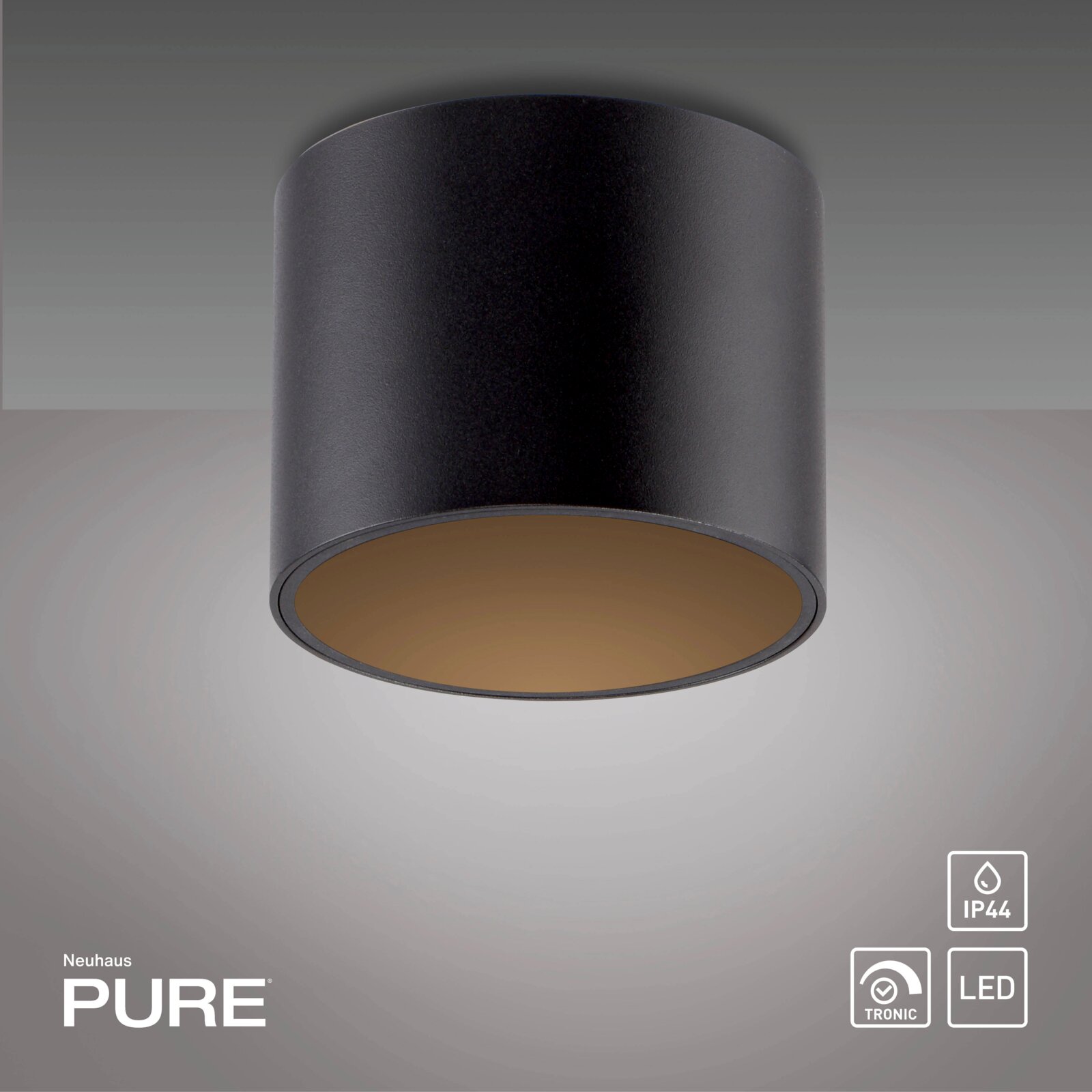 Schwarze zylindrische LED-Deckenleuchte PURE POINT von Neuhaus, von unten betrachtet, mit IP44-Schutz und LED-Technologie.