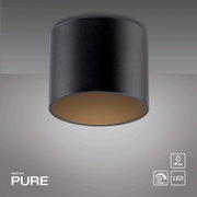Schwarze zylindrische LED-Deckenleuchte PURE POINT von Neuhaus, von unten betrachtet, mit IP44-Schutz und LED-Technologie.