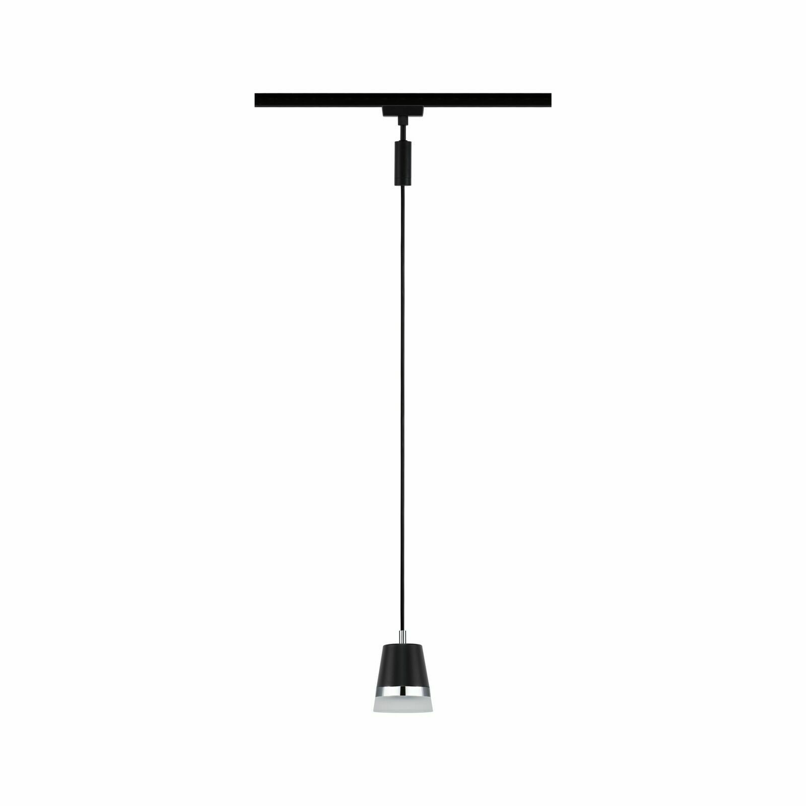 Schienenpendel Cone, schwarze Hängeleuchte mit konischem Schirm, Ansicht von vorne