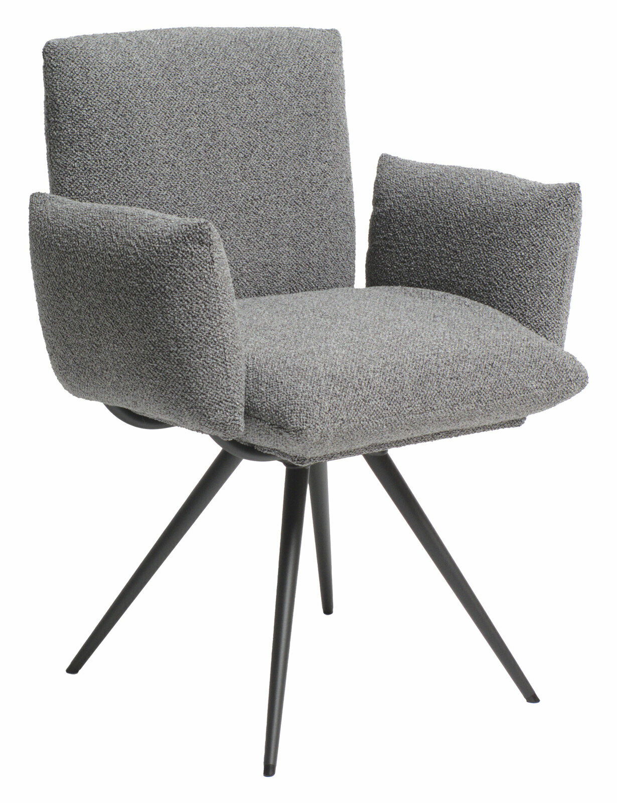 Grauer Armlehnstuhl mit vier schwarzen Metallbeinen, seitliche Perspektive