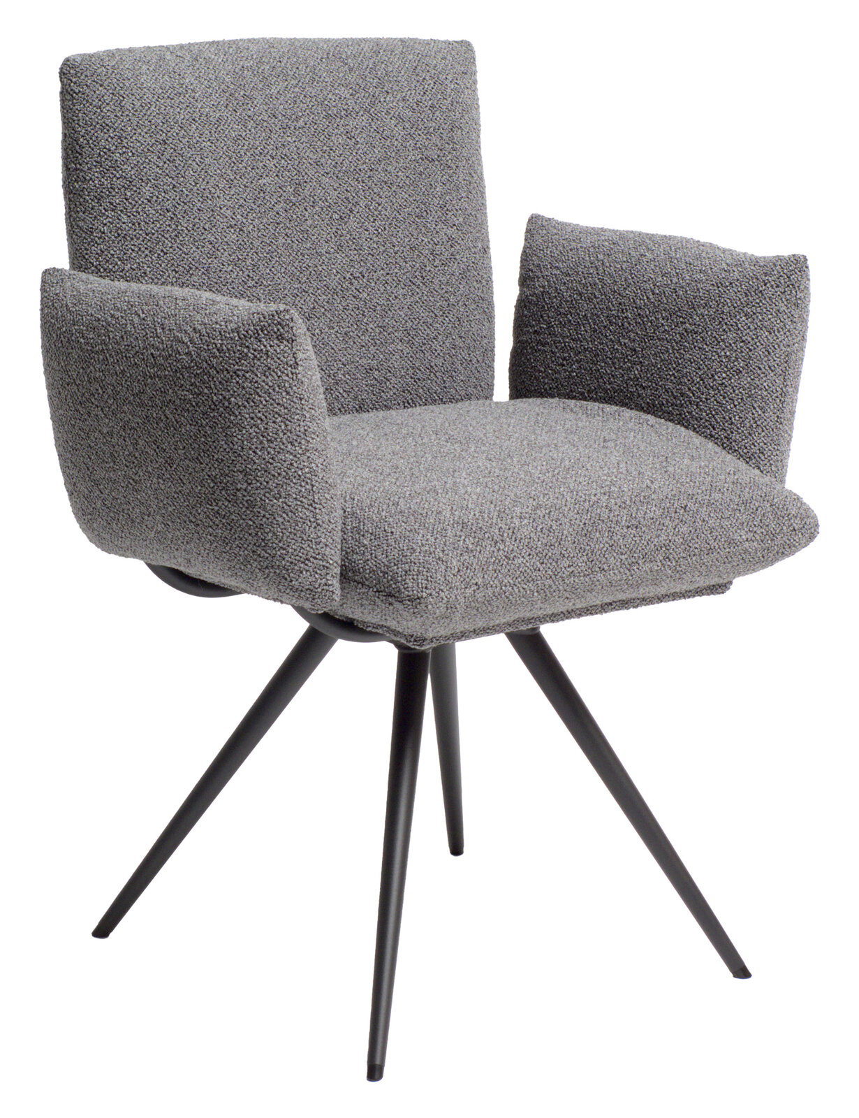 Grauer Armlehnstuhl mit vier schwarzen Metallbeinen, seitliche Perspektive