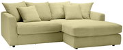 Grünes Ecksofa mit mehreren Kissen, Perspektive von vorne rechts