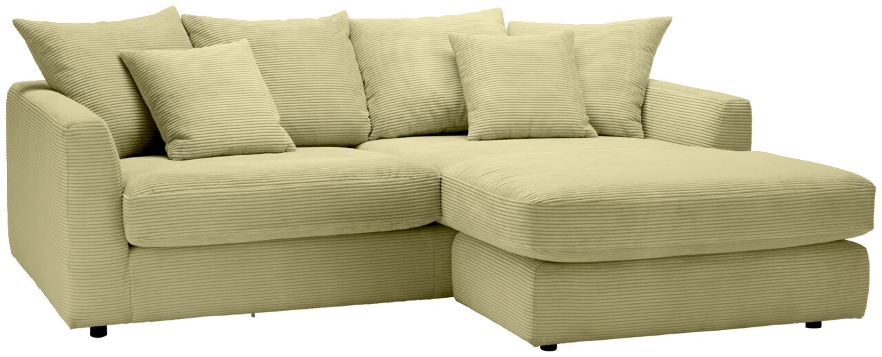Grünes Ecksofa mit mehreren Kissen, Perspektive von vorne rechts