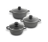 Dreiteiliges Topfset mit Glasdeckeln, seitliche Perspektive