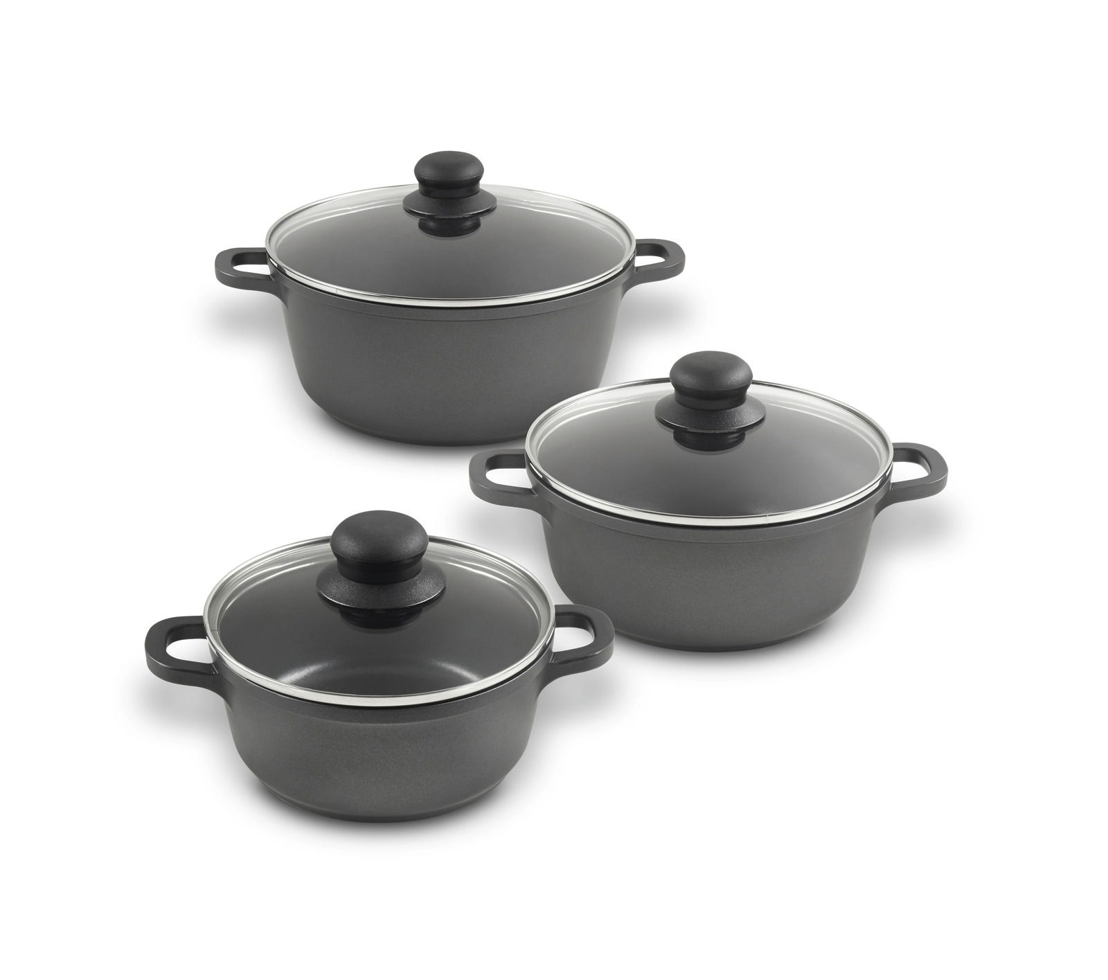 Dreiteiliges Topfset mit Glasdeckeln, seitliche Perspektive