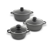 Dreiteiliges Topfset mit Glasdeckeln, seitliche Perspektive