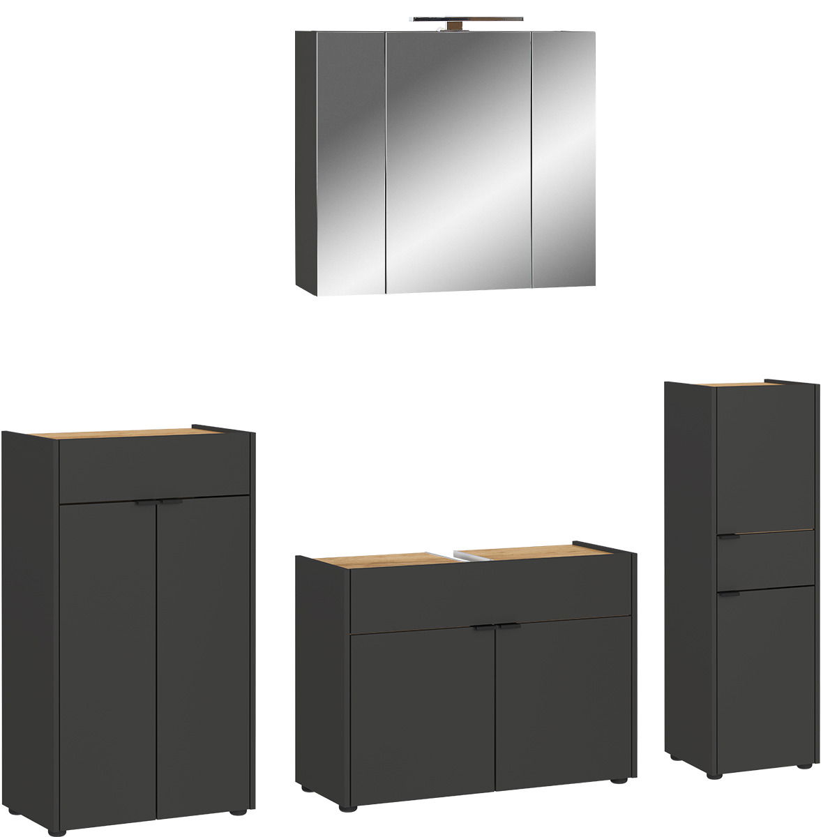 MID.YOU Badmöbel-Set FORANO Badezimmer-Set bestehend aus einem Spiegelschrank und drei Schränken in dunklem Design mit Holzoberflächen, frontal abgebildet.