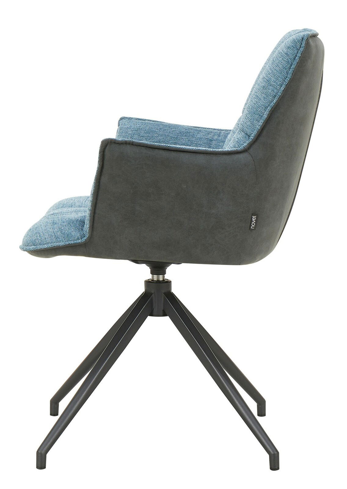 Moderner Sessel mit blauem Stoffbezug und schwarzem Metallgestell, Seitenansicht