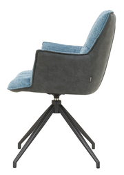 Moderner Sessel mit blauem Stoffbezug und schwarzem Metallgestell, Seitenansicht