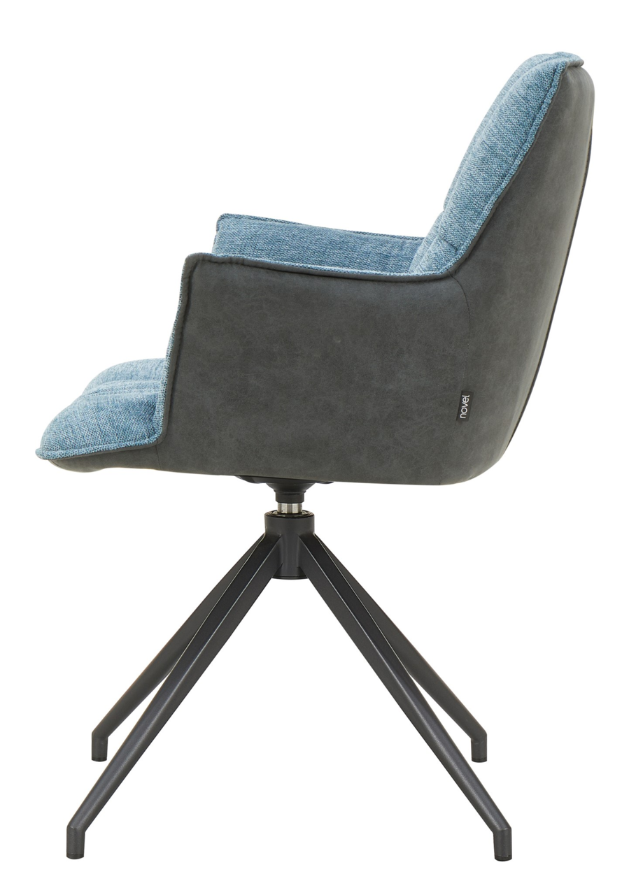 Moderner Sessel mit blauem Stoffbezug und schwarzem Metallgestell, Seitenansicht