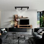 Modernes Wohnzimmer mit schwarzer Decken-Spotleuchte mit drei Strahlern über TV-Board und Wandregal, frontale Perspektive mit leichtem Blick nach oben