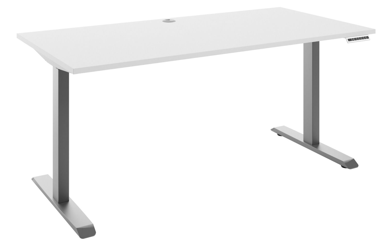 Moderner E-Schreibtisch 160 in seitlicher Perspektive mit weißer Tischplatte und grauem Gestell.