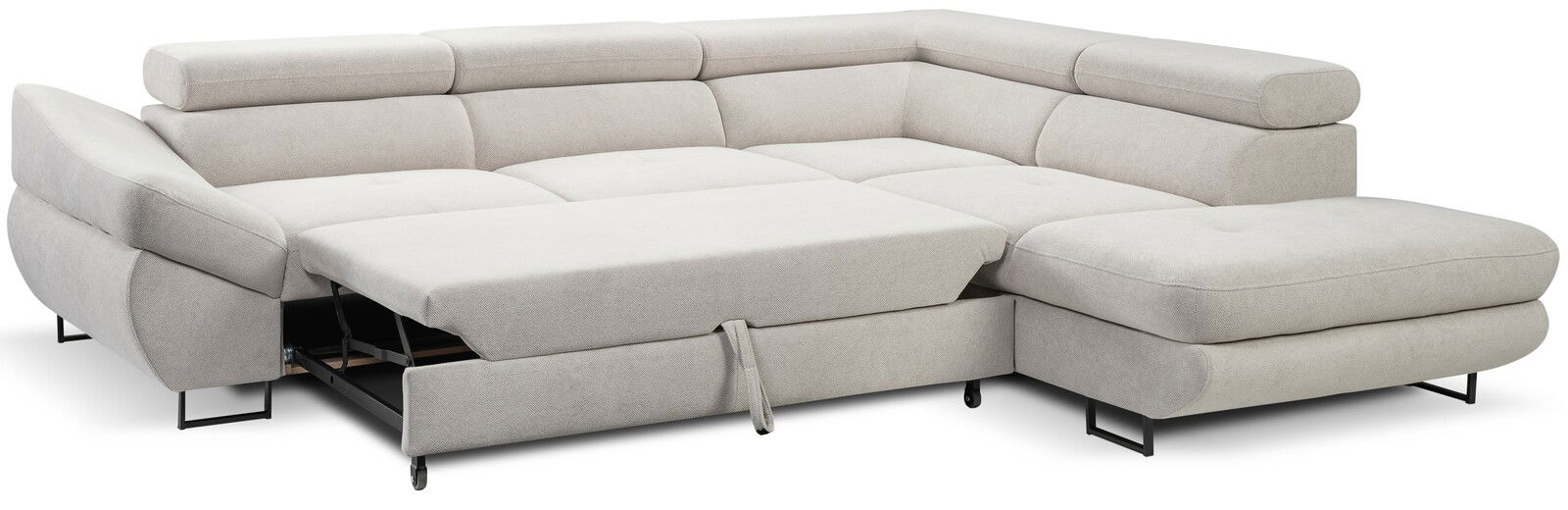 Beige Ecksofa mit ausziehbarem Bett, moderne Optik, Perspektive von vorne links