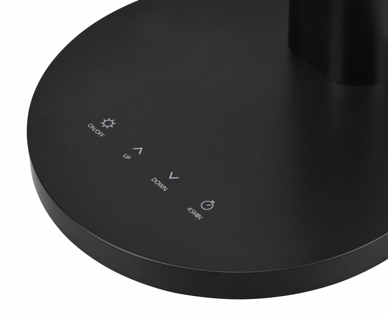 Nahaufnahme der schwarzen Basis einer Tischleuchte mit Touch-Bedienelementen für Ein/Aus, Helligkeit und Timer.
