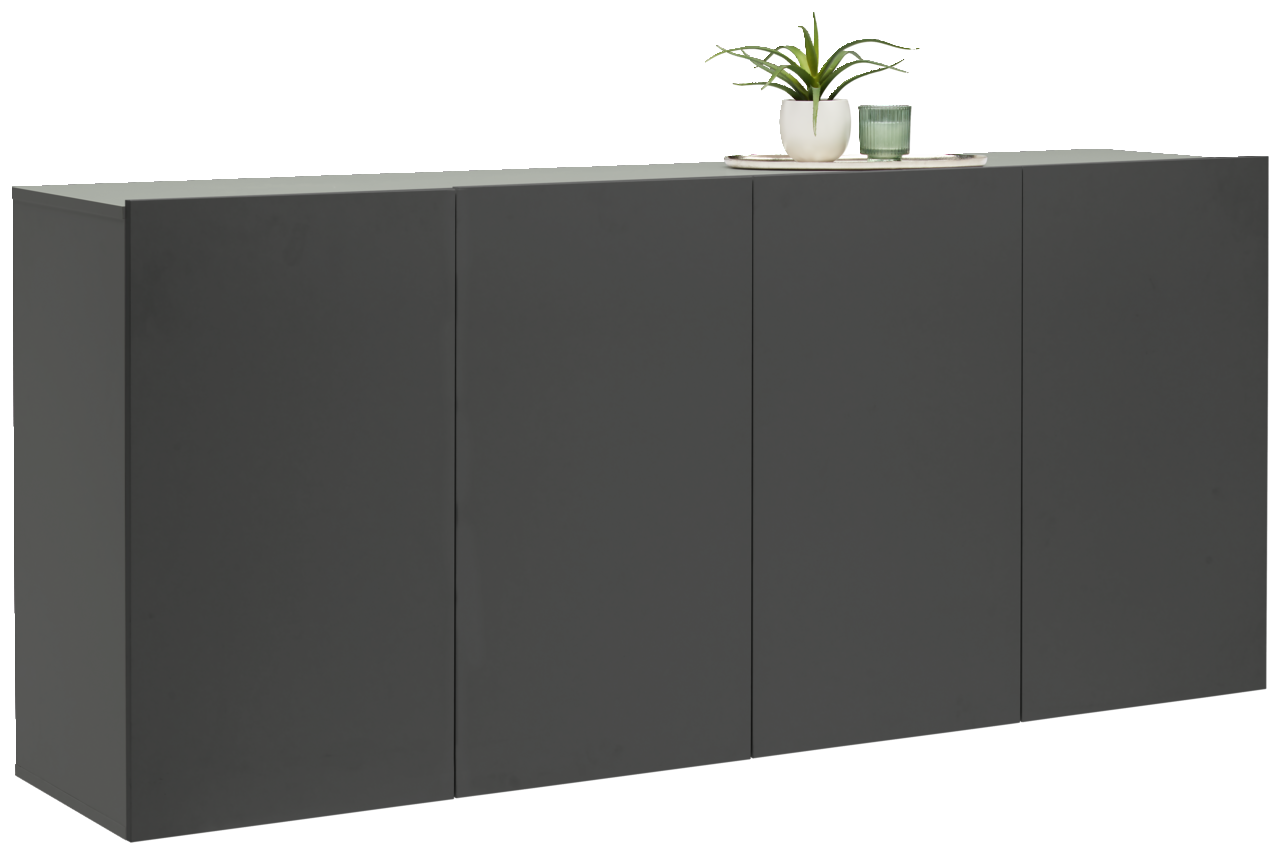 Hom´in Hängesideboard NEWNIQ Modernes, schwarzes Hängesideboard mit vier Türen, seitliche Perspektive, dekoriert mit einer Pflanze und einem Glas auf der Oberseite.