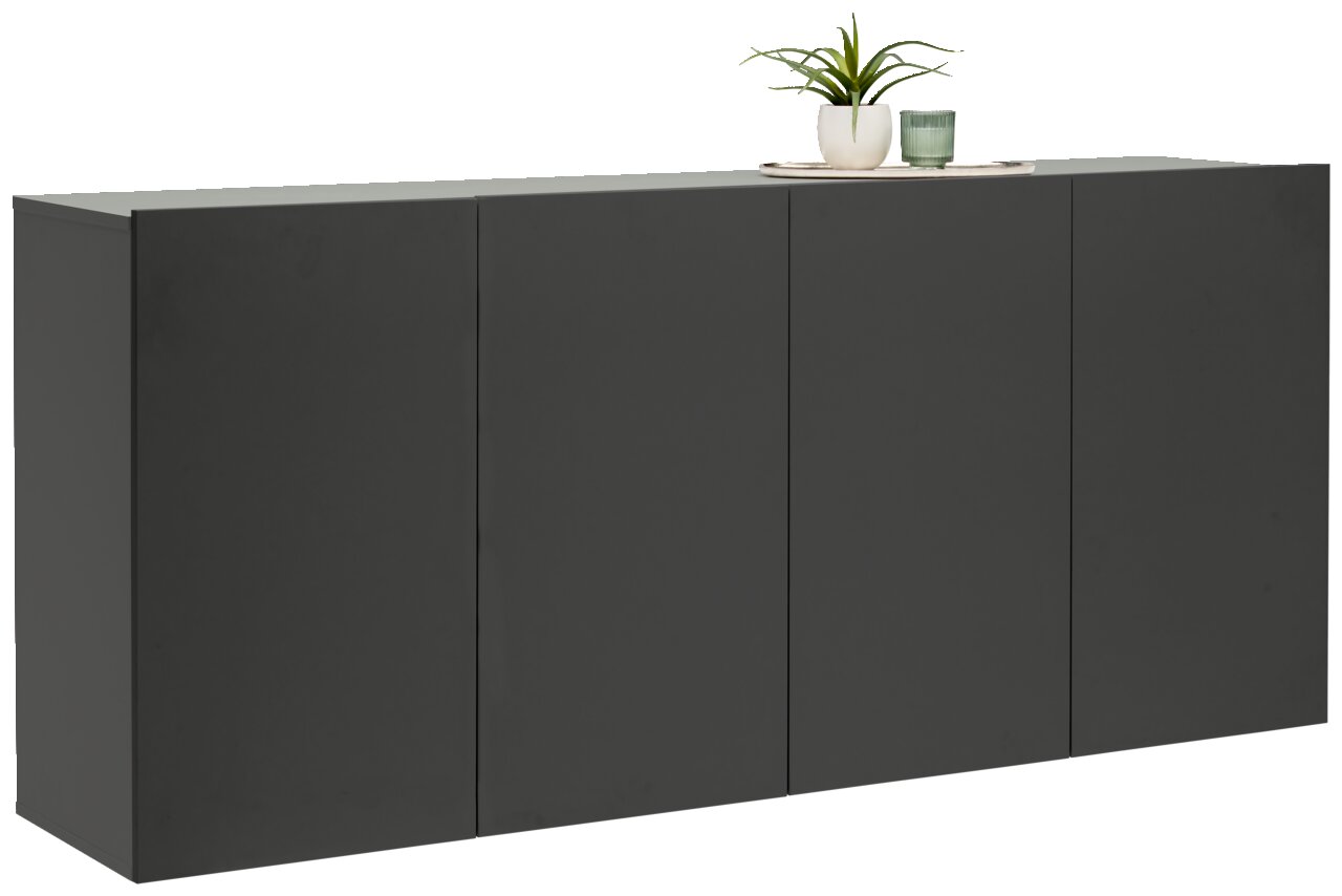 Hom´in Hangend dressoir NEWNIQ Modernes, schwarzes Hängesideboard mit vier Türen, seitliche Perspektive, dekoriert mit einer Pflanze und einem Glas auf der Oberseite.