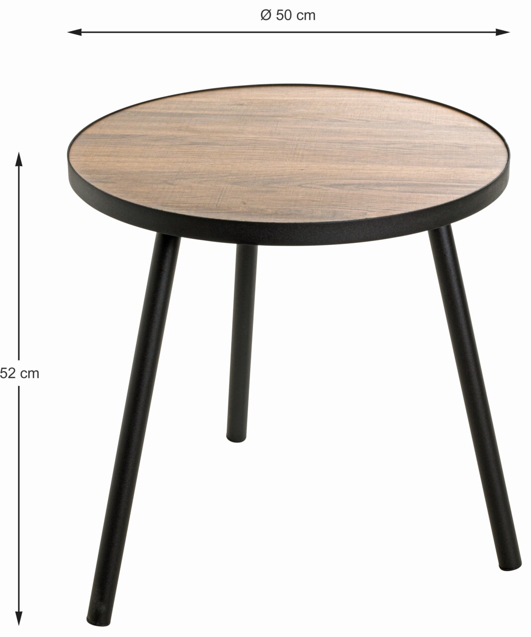 Runder Beistelltisch mit Holzoptik-Oberfläche und schwarzen Metallbeinen, seitliche Perspektive