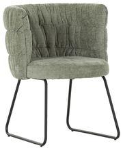 Grüner Armlehnstuhl mit gepolsterter Rückenlehne und Metallbeinen, seitliche Perspektive