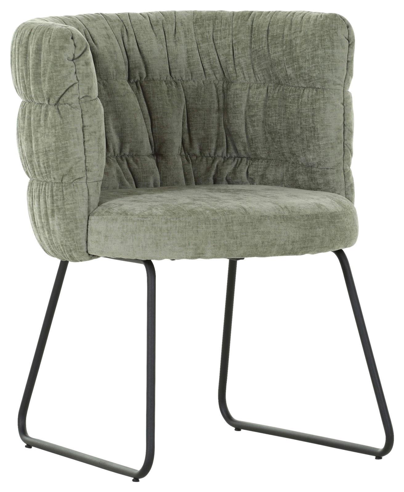 Grüner Armlehnstuhl mit gepolsterter Rückenlehne und Metallbeinen, seitliche Perspektive