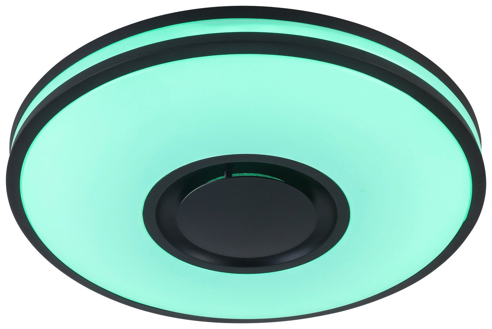 Runde LED-Deckenleuchte Riku mit grünem Leuchtring, Ansicht von unten.