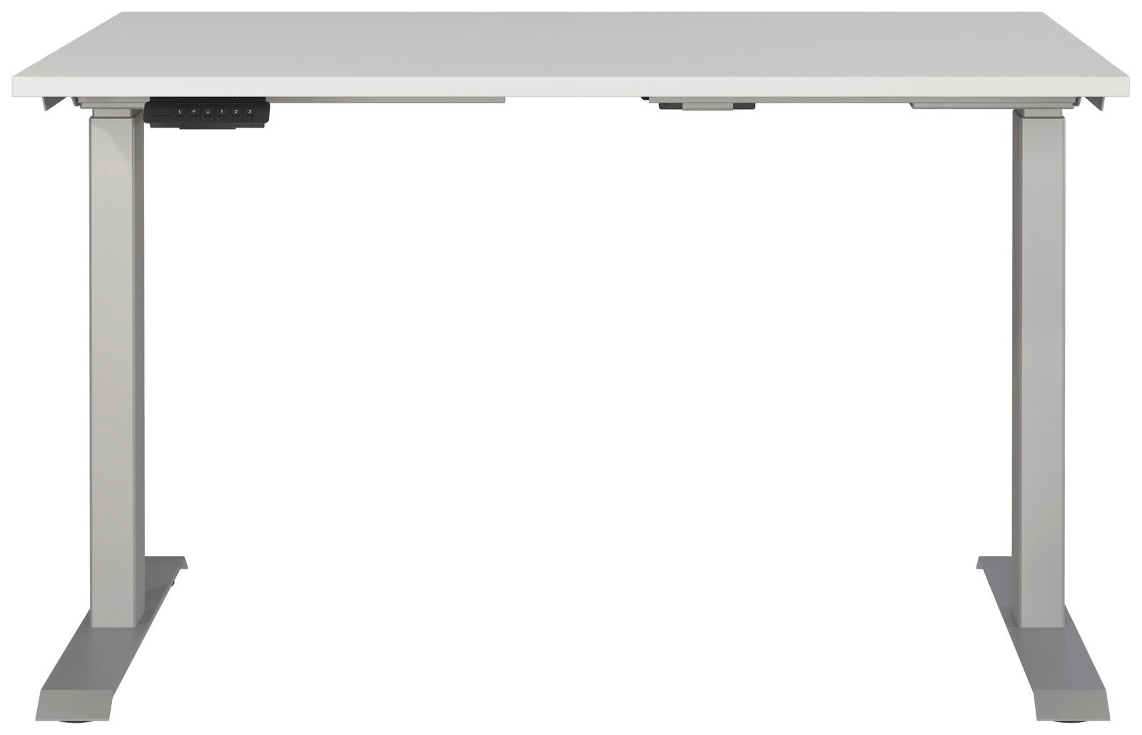 Elektrisch höhenverstellbarer Schreibtisch in Weiß, frontal betrachtet