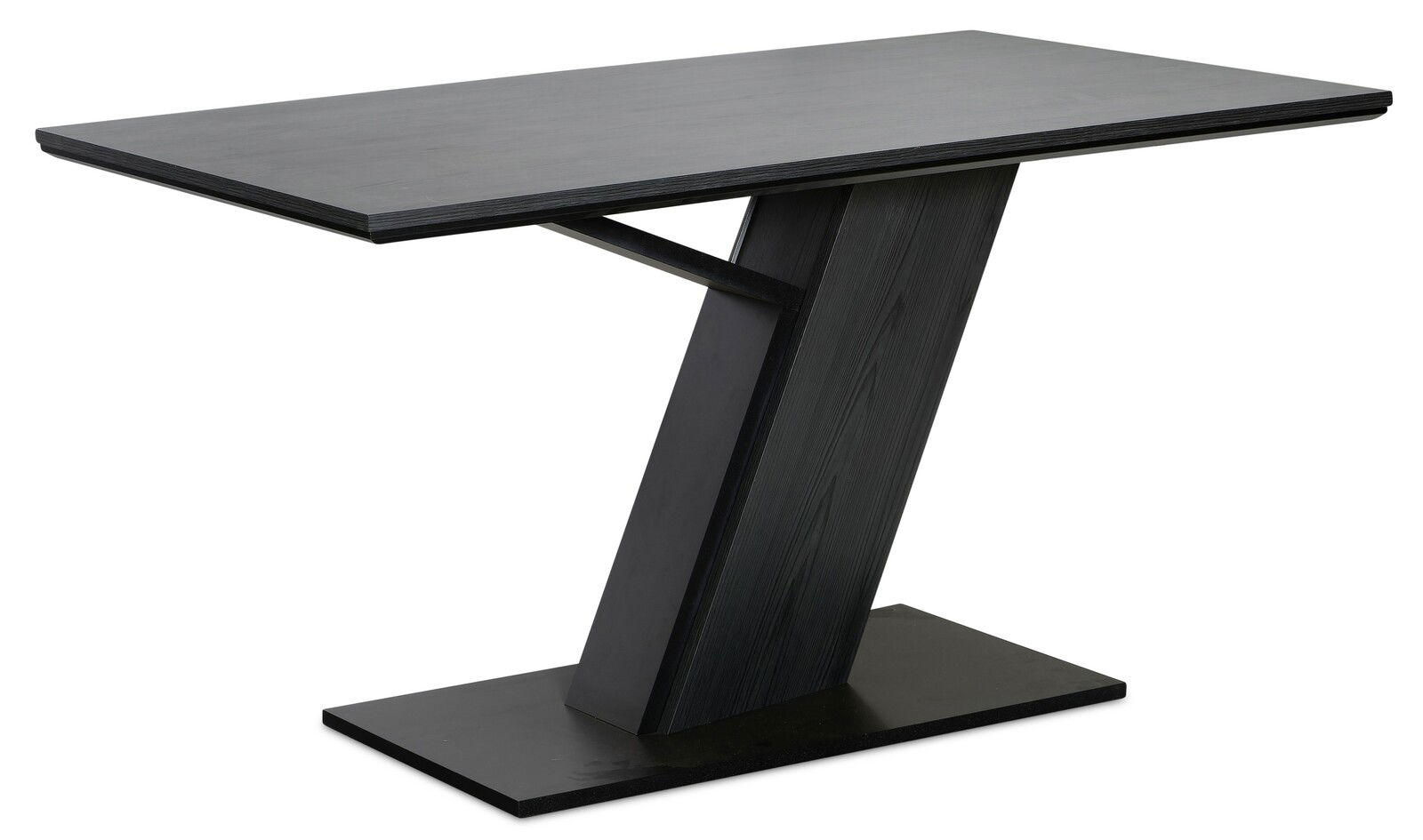 Moderner schwarzer Tisch mit schrägem Standfuß, seitliche Perspektive