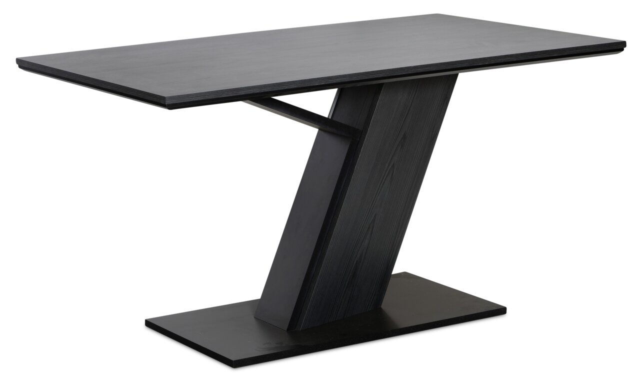 Moderner schwarzer Tisch mit schrägem Standfuß, seitliche Perspektive