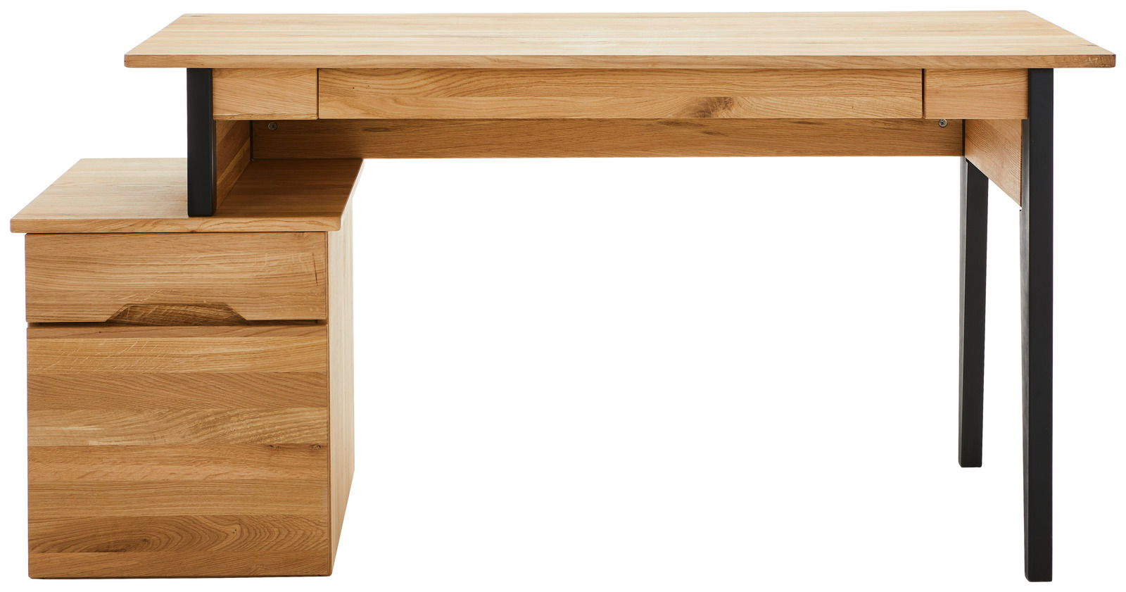 Moderner Schreibtisch aus Holz mit schwarzem Metallgestell, Frontansicht