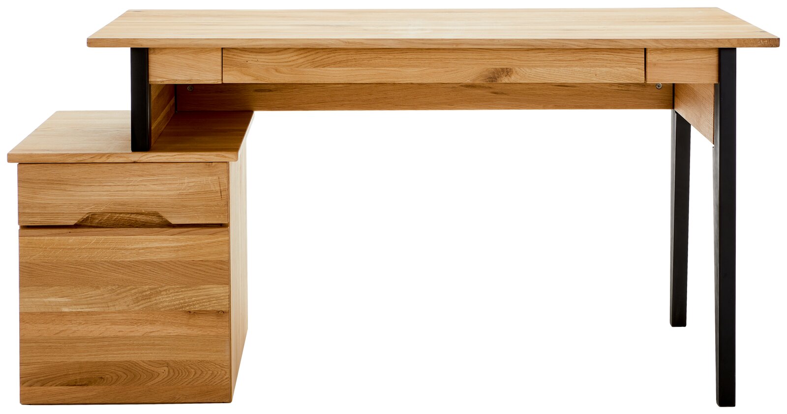 Moderner Schreibtisch aus Holz mit schwarzem Metallgestell, Frontansicht