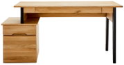 Moderner Schreibtisch aus Holz mit schwarzem Metallgestell, Frontansicht