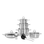 Topf-Set 9-tlg. Diamant aus Edelstahl, bestehend aus mehreren Töpfen und Pfannen mit Deckeln, in einer frontalen Perspektive.