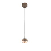 Moderne LED-Pendelleuchte in seitlicher Perspektive, hängend an einem dünnen Kabel mit zylindrischem Lampenschirm.