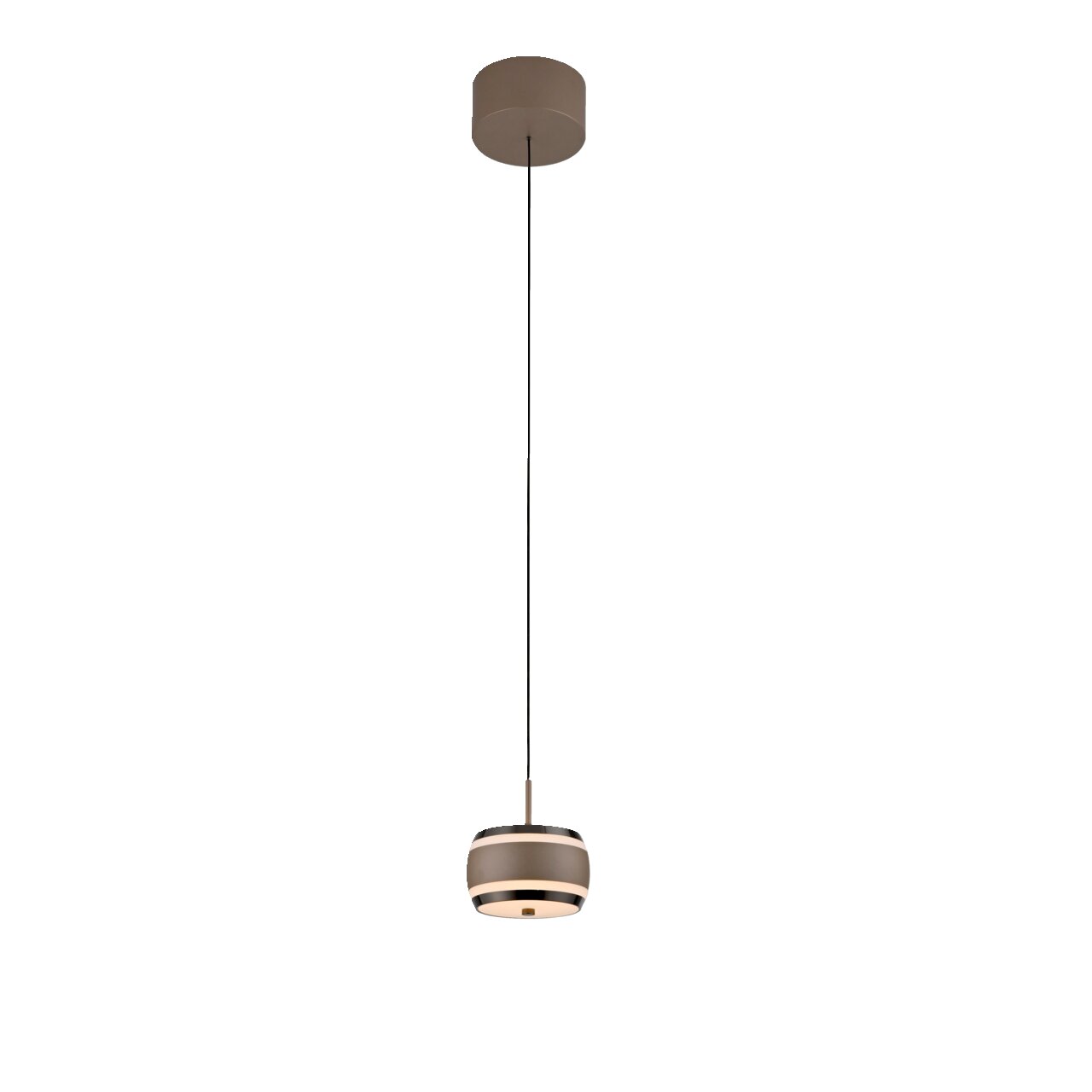 Moderne LED-hanglamp in zijaanzicht, hangend aan een dunne kabel met een cilindervormige lampenkap.