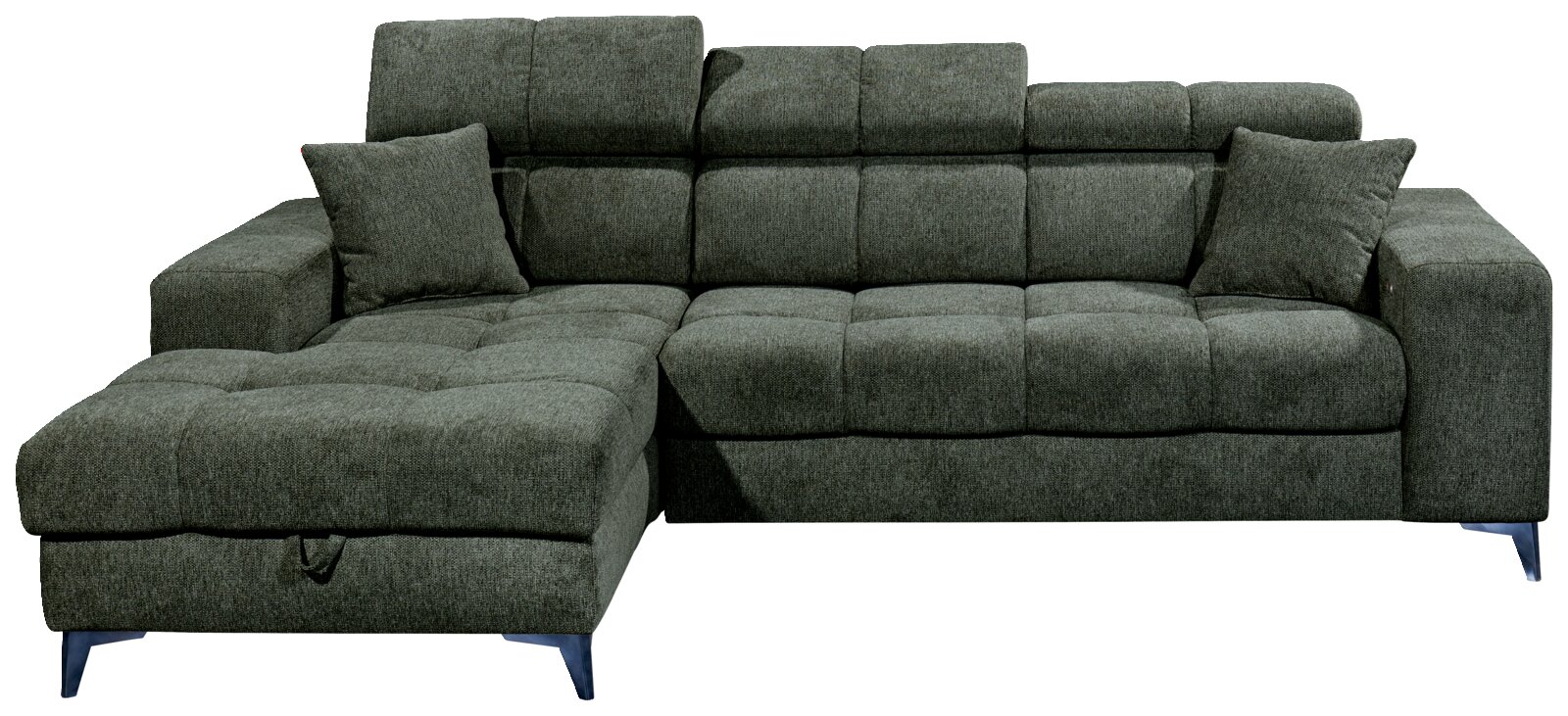 Grünes Ecksofa mit zwei Kissen, Vorderansicht