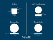 Grafik eines 16-teiligen Kombiservice in der Farbe Sand, bestehend aus Becher, Mehrzweckschale, Speiseteller und Dessertteller, mit Maßangaben und Fassungsvermögen, Draufsicht und Seitenansicht.