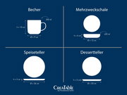 Grafik eines 16-teiligen Kombiservice in der Farbe Sand, bestehend aus Becher, Mehrzweckschale, Speiseteller und Dessertteller, mit Maßangaben und Fassungsvermögen, Draufsicht und Seitenansicht.