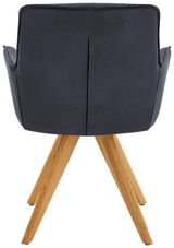 Rückansicht eines Design-Schalensessels mit dunkelblauer Polsterung und Holzbeinen.