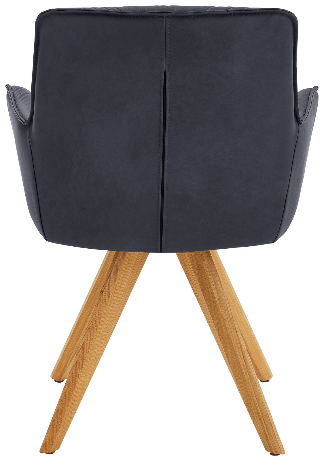 Rückansicht eines Design-Schalensessels mit dunkelblauer Polsterung und Holzbeinen.