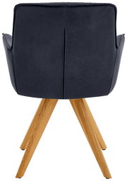 Rückansicht eines Design-Schalensessels mit dunkelblauer Polsterung und Holzbeinen.