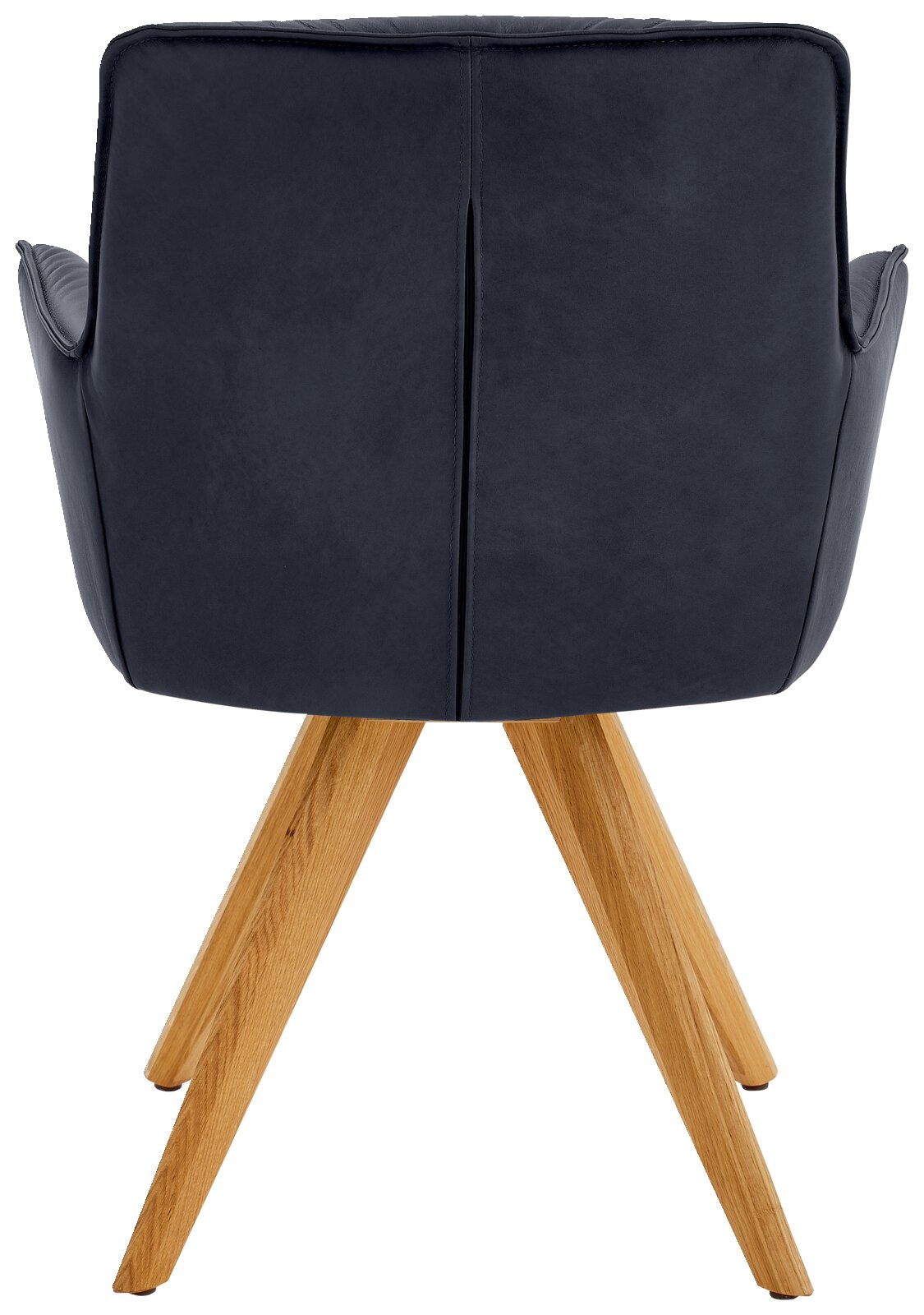 Rückansicht eines Design-Schalensessels mit dunkelblauer Polsterung und Holzbeinen.
