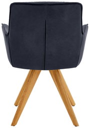 Rückansicht eines Design-Schalensessels mit dunkelblauer Polsterung und Holzbeinen.