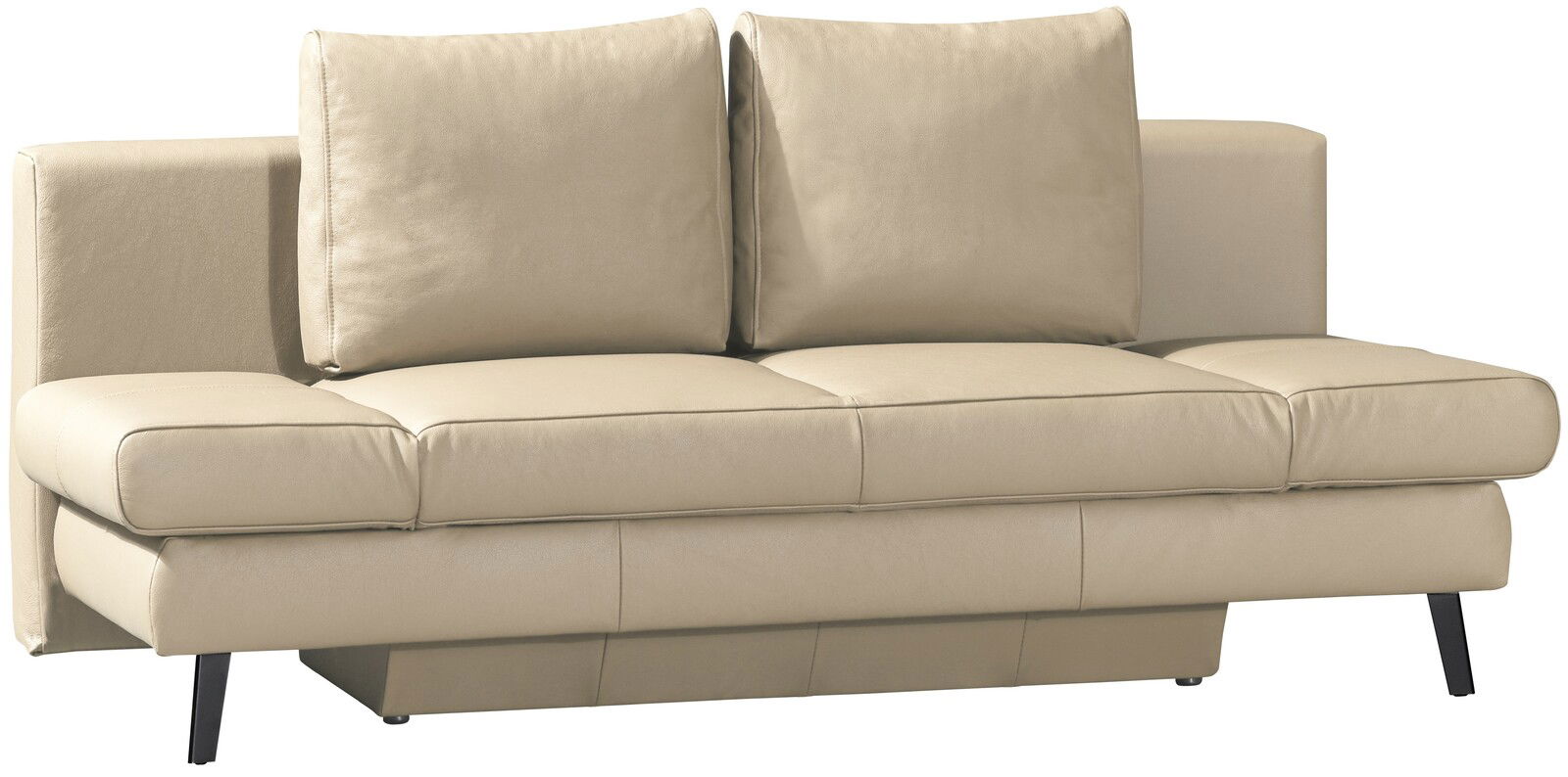 Beige Querschläfer-Sofa mit zwei großen Rückenkissen, seitliche Perspektive