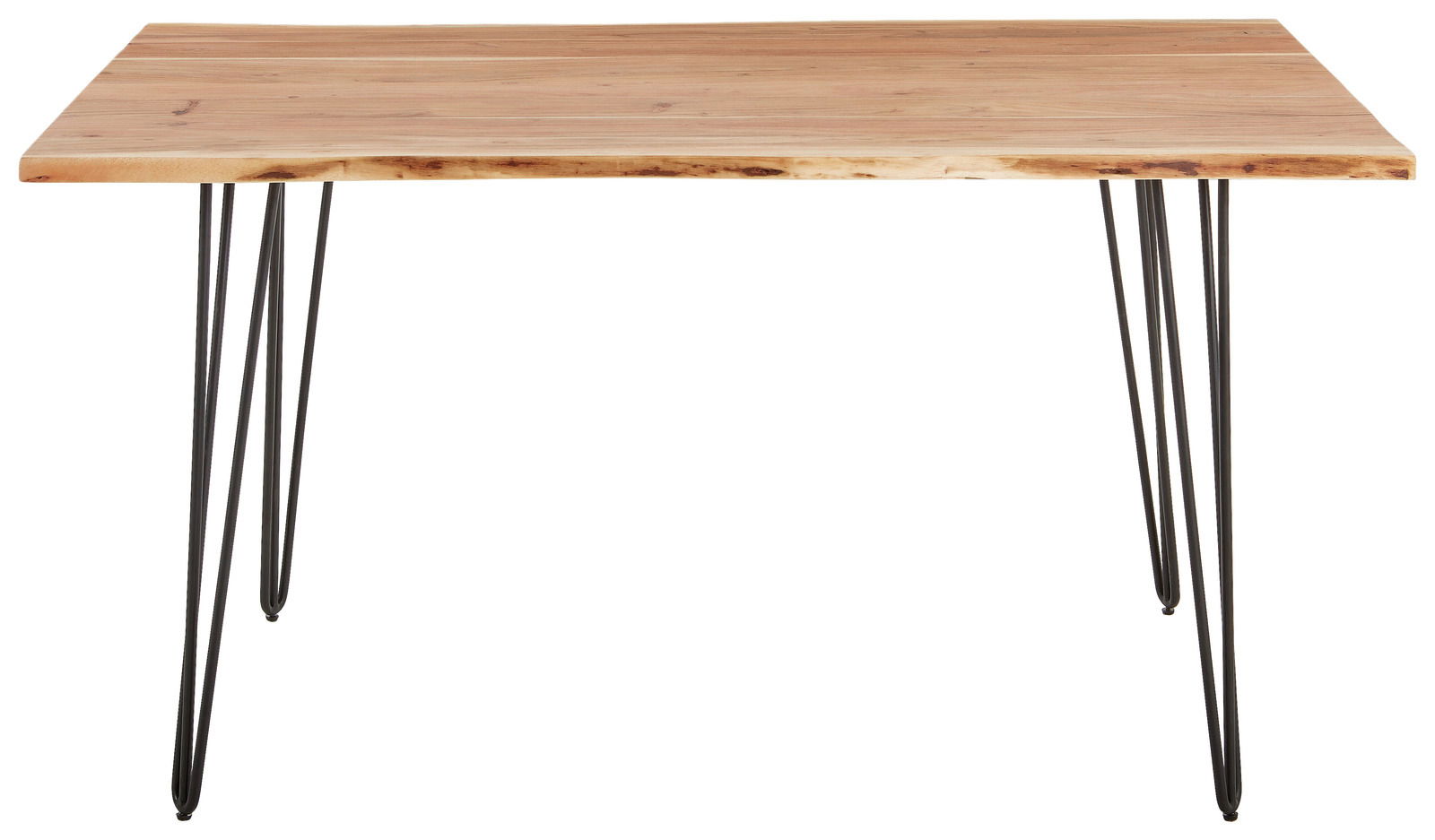 Moderner Esstisch mit Holzplatte und schwarzen Metallbeinen, frontal betrachtet.