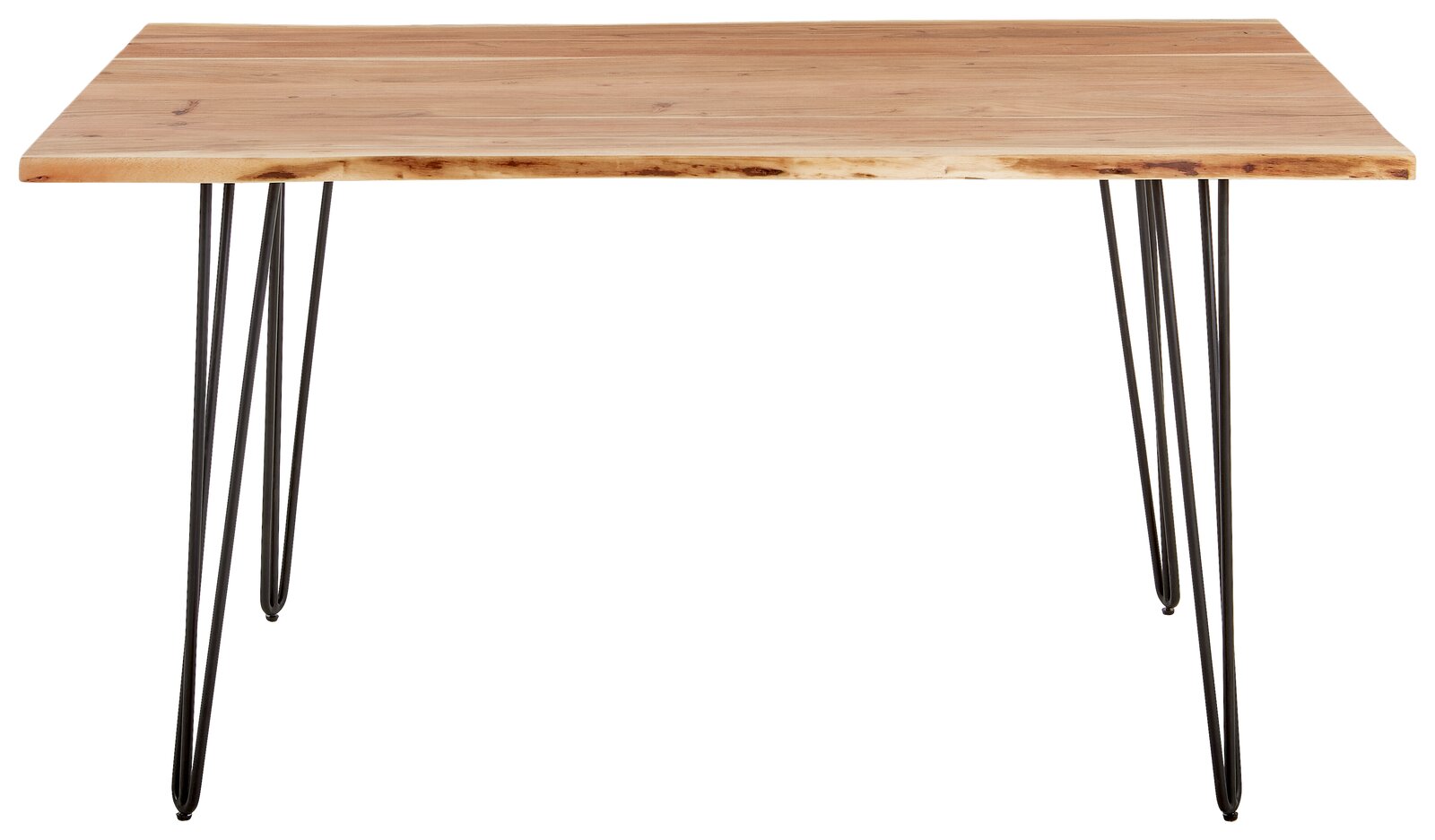 Moderner Esstisch mit Holzplatte und schwarzen Metallbeinen, frontal betrachtet.