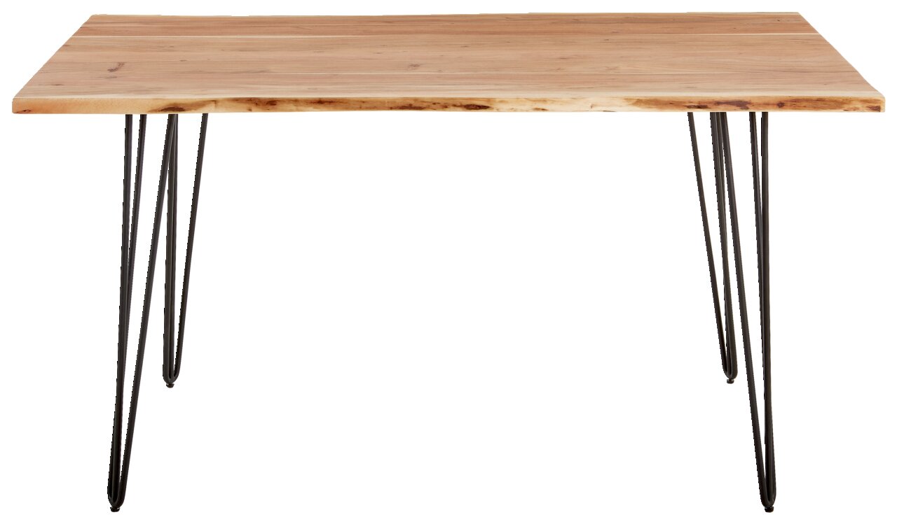 Moderner Esstisch mit Holzplatte und schwarzen Metallbeinen, frontal betrachtet.